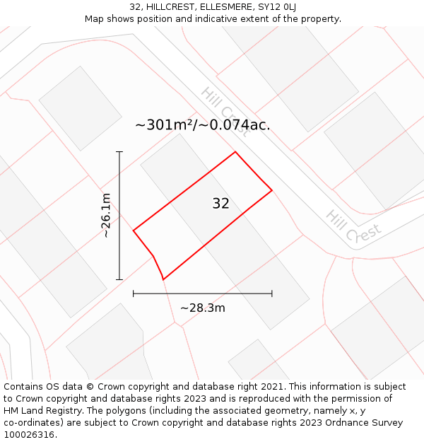 32, HILLCREST, ELLESMERE, SY12 0LJ: Plot and title map