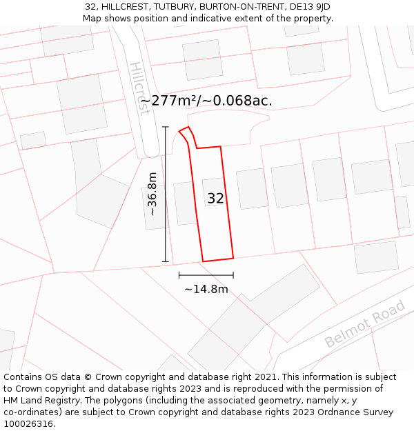 32, HILLCREST, TUTBURY, BURTON-ON-TRENT, DE13 9JD: Plot and title map