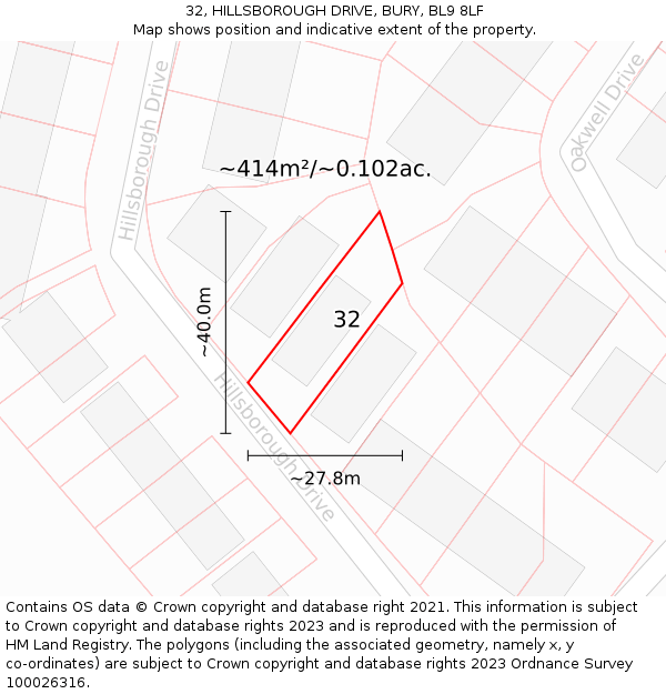 32, HILLSBOROUGH DRIVE, BURY, BL9 8LF: Plot and title map