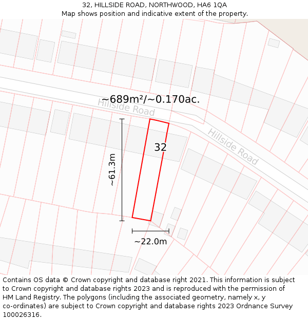 32, HILLSIDE ROAD, NORTHWOOD, HA6 1QA: Plot and title map