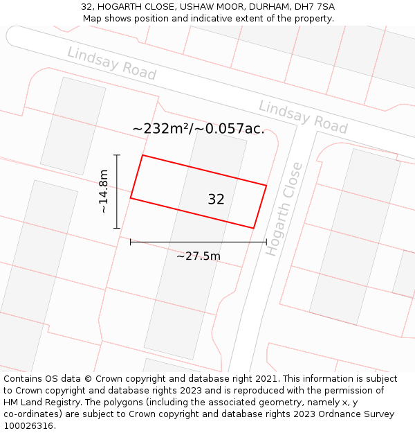 32, HOGARTH CLOSE, USHAW MOOR, DURHAM, DH7 7SA: Plot and title map