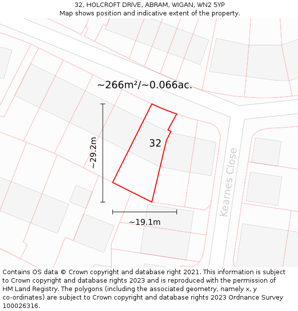 32, HOLCROFT DRIVE, ABRAM, WIGAN, WN2 5YP: Plot and title map