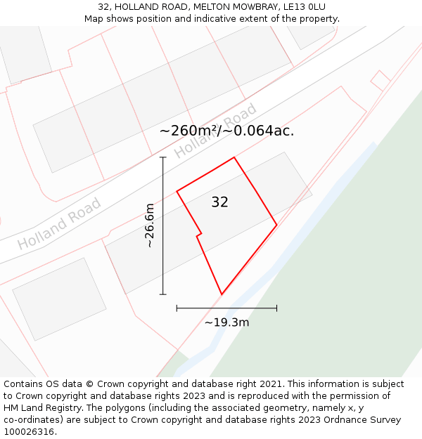 32, HOLLAND ROAD, MELTON MOWBRAY, LE13 0LU: Plot and title map