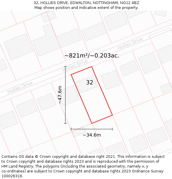 32, HOLLIES DRIVE, EDWALTON, NOTTINGHAM, NG12 4BZ: Plot and title map