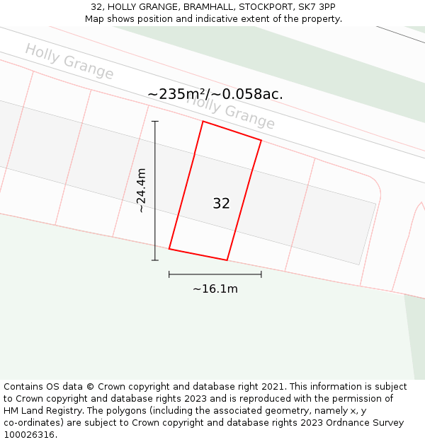 32, HOLLY GRANGE, BRAMHALL, STOCKPORT, SK7 3PP: Plot and title map