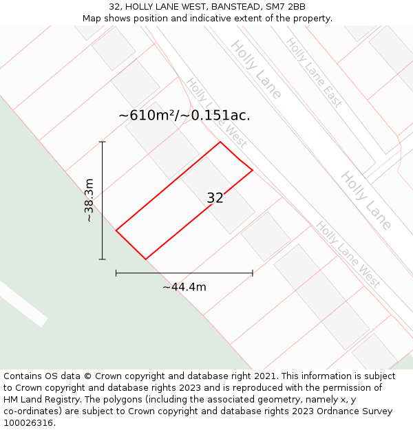 32, HOLLY LANE WEST, BANSTEAD, SM7 2BB: Plot and title map