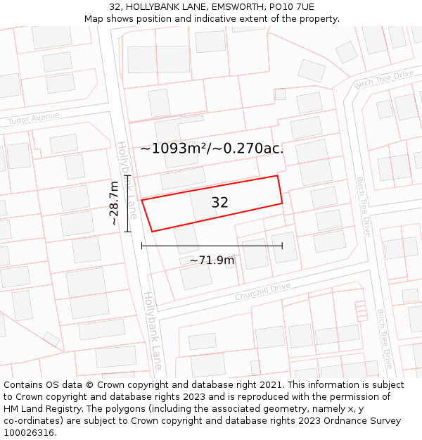 32, HOLLYBANK LANE, EMSWORTH, PO10 7UE: Plot and title map