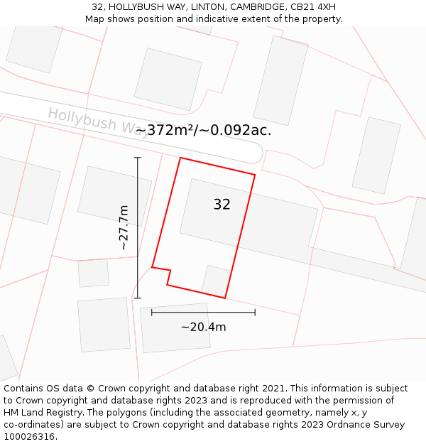 32, HOLLYBUSH WAY, LINTON, CAMBRIDGE, CB21 4XH: Plot and title map