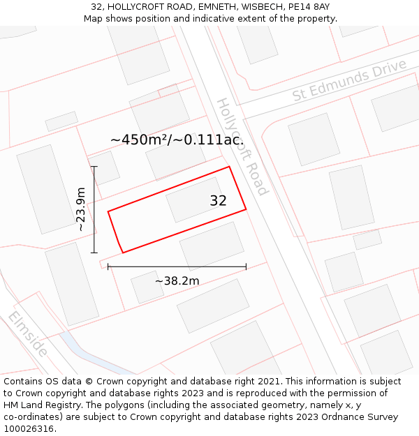 32, HOLLYCROFT ROAD, EMNETH, WISBECH, PE14 8AY: Plot and title map