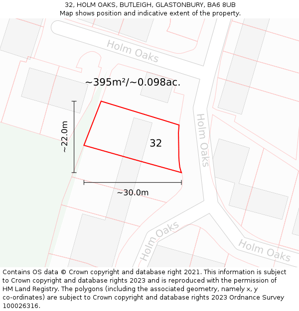 32, HOLM OAKS, BUTLEIGH, GLASTONBURY, BA6 8UB: Plot and title map