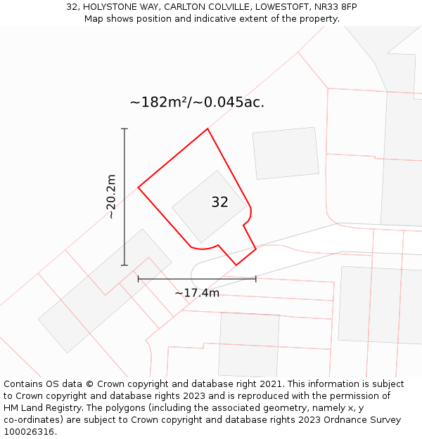 32, HOLYSTONE WAY, CARLTON COLVILLE, LOWESTOFT, NR33 8FP: Plot and title map