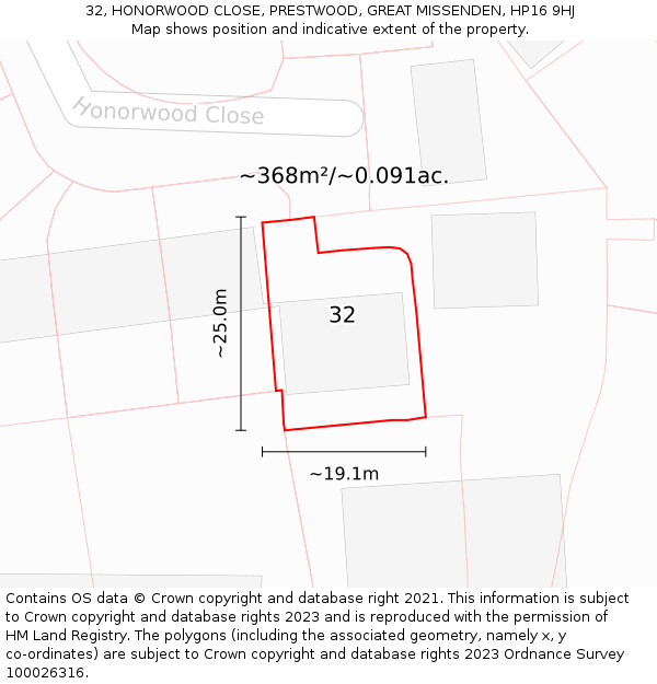 32, HONORWOOD CLOSE, PRESTWOOD, GREAT MISSENDEN, HP16 9HJ: Plot and title map