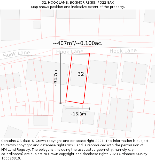 32, HOOK LANE, BOGNOR REGIS, PO22 8AX: Plot and title map