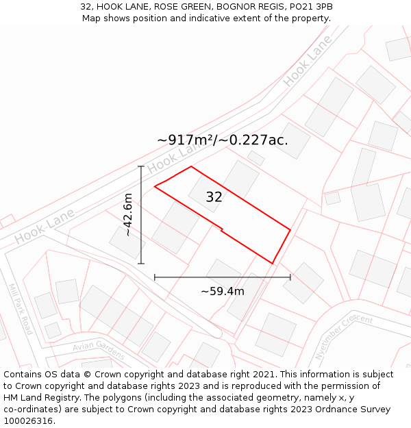 32, HOOK LANE, ROSE GREEN, BOGNOR REGIS, PO21 3PB: Plot and title map