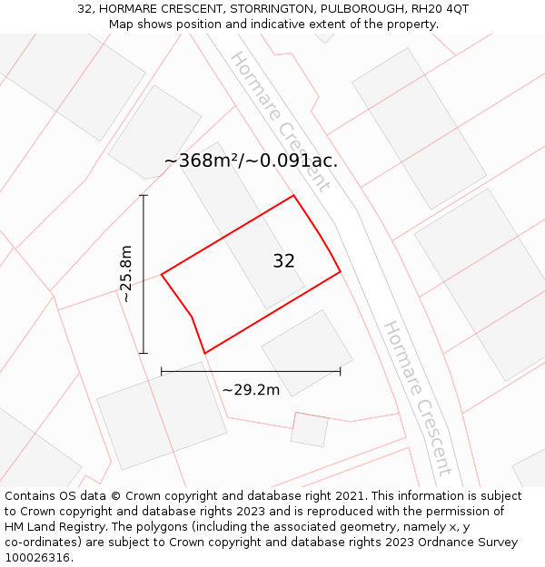 32, HORMARE CRESCENT, STORRINGTON, PULBOROUGH, RH20 4QT: Plot and title map