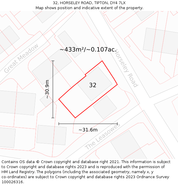 32, HORSELEY ROAD, TIPTON, DY4 7LX: Plot and title map