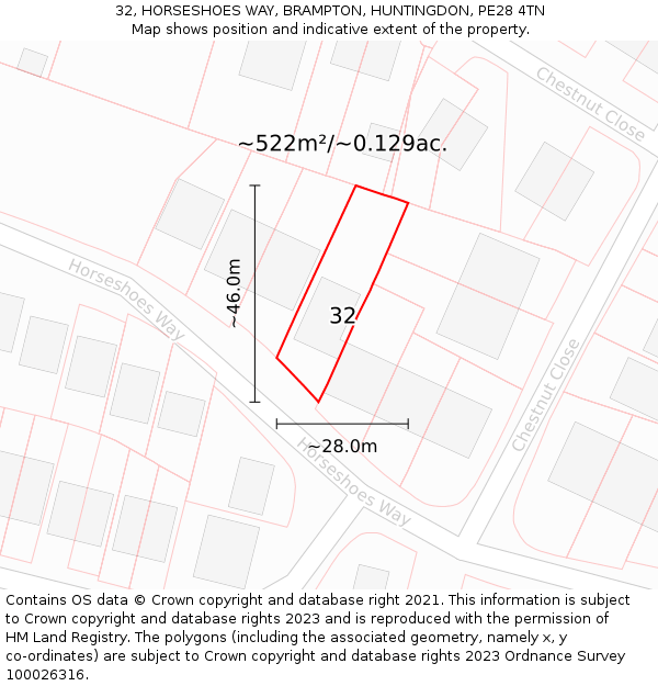 32, HORSESHOES WAY, BRAMPTON, HUNTINGDON, PE28 4TN: Plot and title map
