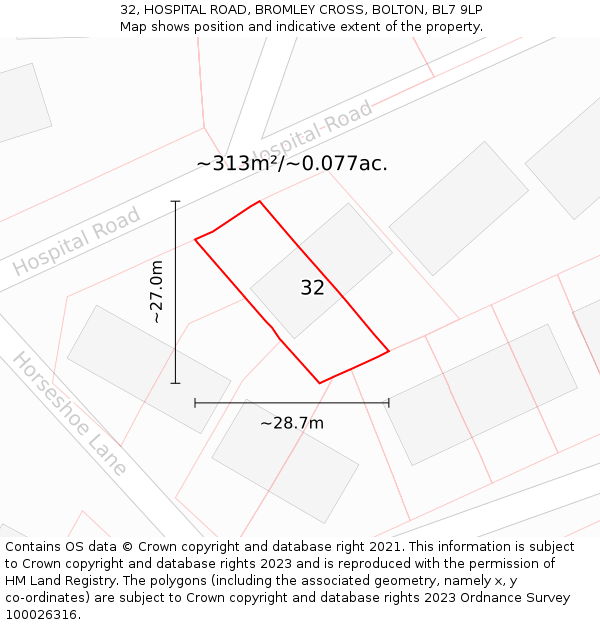 32, HOSPITAL ROAD, BROMLEY CROSS, BOLTON, BL7 9LP: Plot and title map