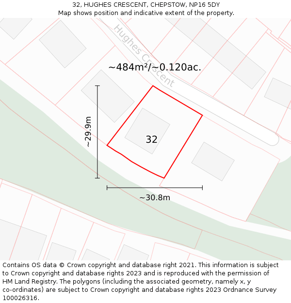 32, HUGHES CRESCENT, CHEPSTOW, NP16 5DY: Plot and title map