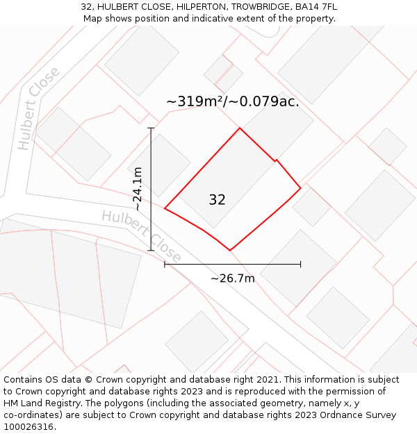 32, HULBERT CLOSE, HILPERTON, TROWBRIDGE, BA14 7FL: Plot and title map