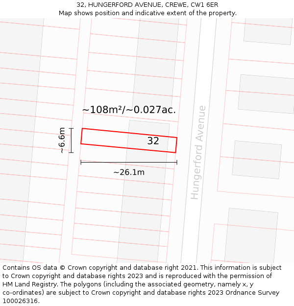 32, HUNGERFORD AVENUE, CREWE, CW1 6ER: Plot and title map