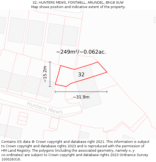 32, HUNTERS MEWS, FONTWELL, ARUNDEL, BN18 0UW: Plot and title map