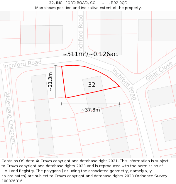 32, INCHFORD ROAD, SOLIHULL, B92 9QD: Plot and title map