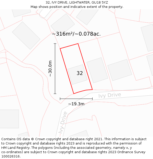 32, IVY DRIVE, LIGHTWATER, GU18 5YZ: Plot and title map