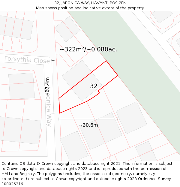 32, JAPONICA WAY, HAVANT, PO9 2FN: Plot and title map