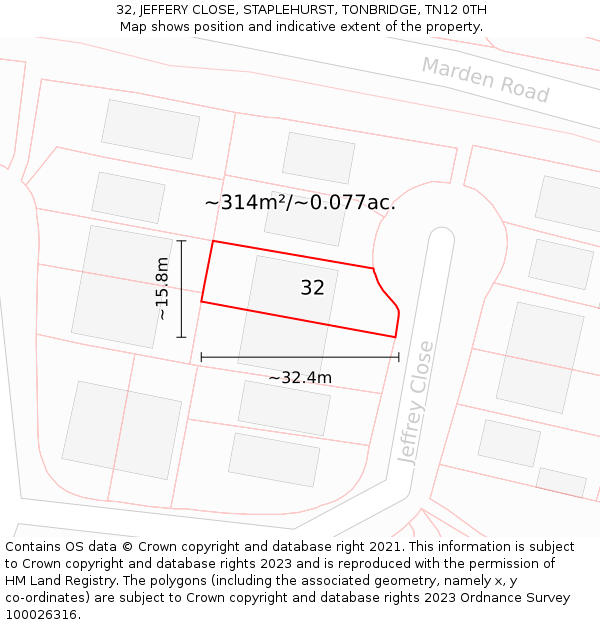 32, JEFFERY CLOSE, STAPLEHURST, TONBRIDGE, TN12 0TH: Plot and title map