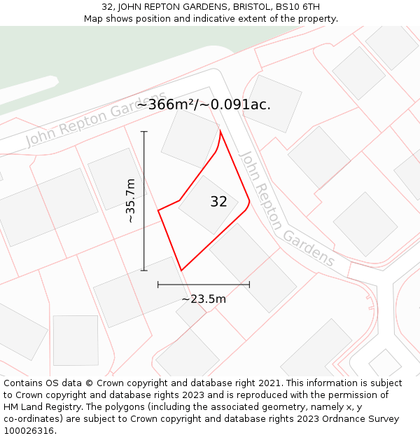 32, JOHN REPTON GARDENS, BRISTOL, BS10 6TH: Plot and title map