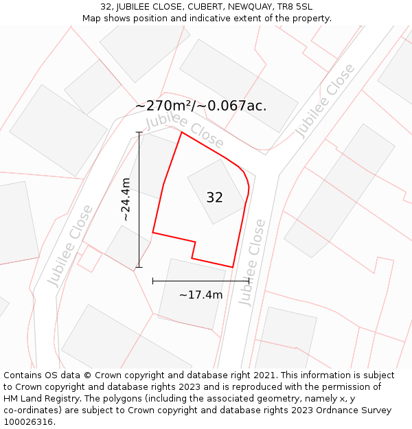 32, JUBILEE CLOSE, CUBERT, NEWQUAY, TR8 5SL: Plot and title map