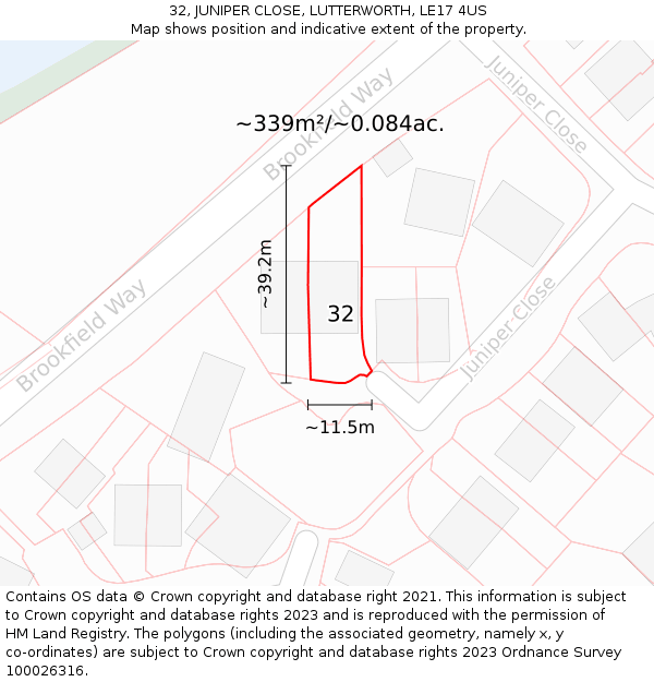 32, JUNIPER CLOSE, LUTTERWORTH, LE17 4US: Plot and title map