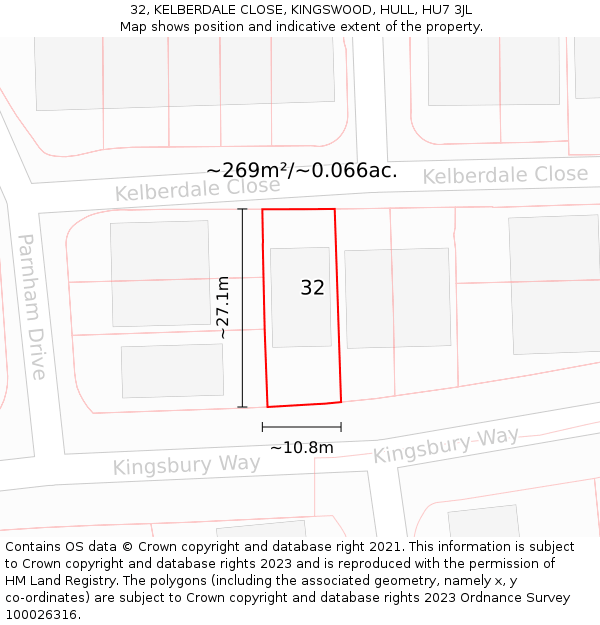 32, KELBERDALE CLOSE, KINGSWOOD, HULL, HU7 3JL: Plot and title map