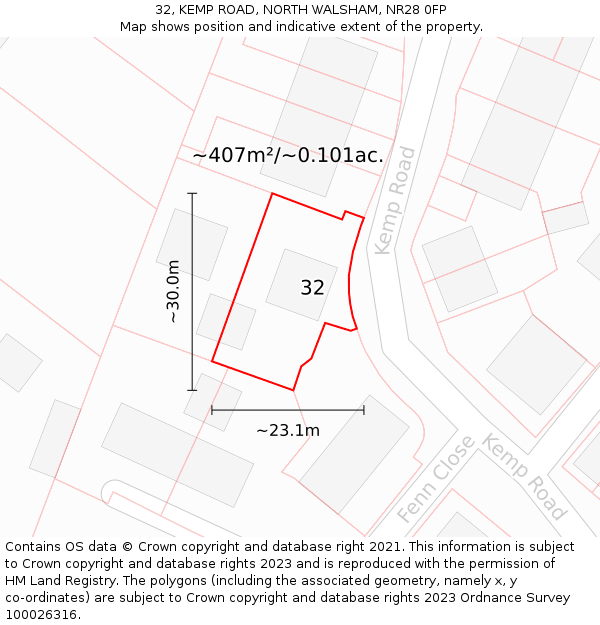 32, KEMP ROAD, NORTH WALSHAM, NR28 0FP: Plot and title map