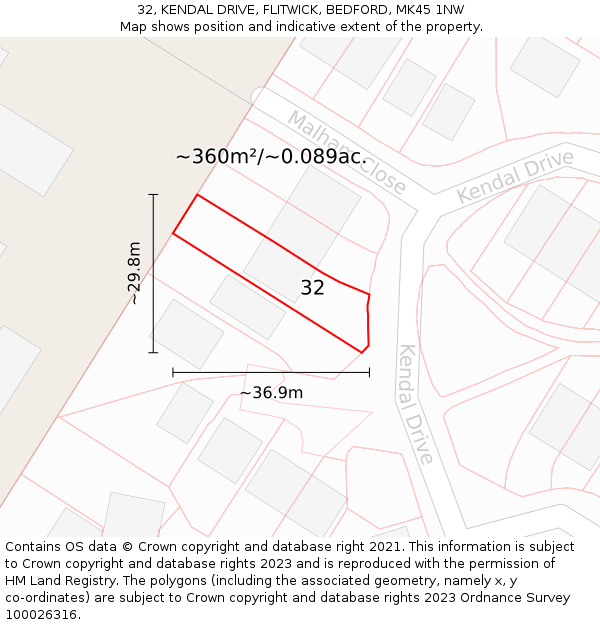 32, KENDAL DRIVE, FLITWICK, BEDFORD, MK45 1NW: Plot and title map