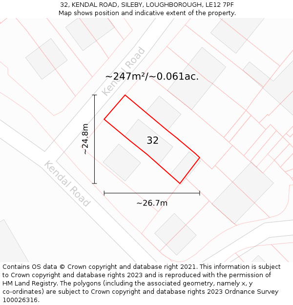 32, KENDAL ROAD, SILEBY, LOUGHBOROUGH, LE12 7PF: Plot and title map