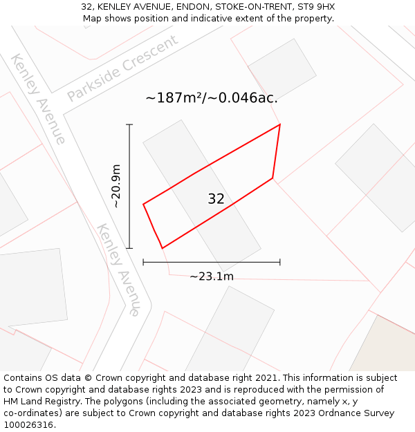 32, KENLEY AVENUE, ENDON, STOKE-ON-TRENT, ST9 9HX: Plot and title map