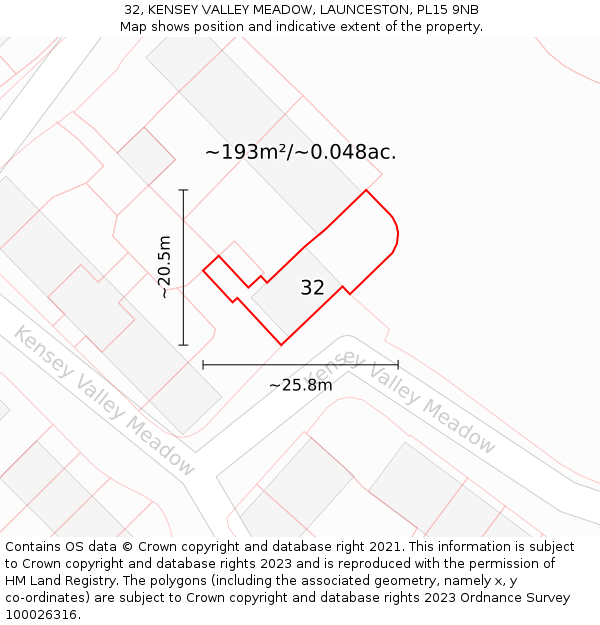 32, KENSEY VALLEY MEADOW, LAUNCESTON, PL15 9NB: Plot and title map