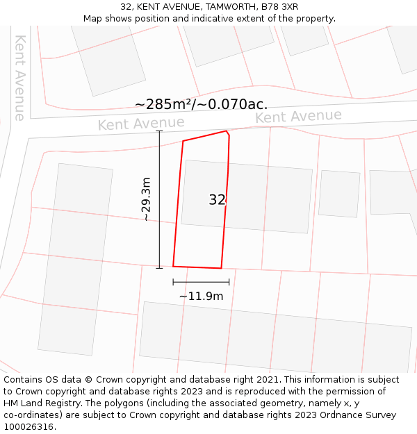 32, KENT AVENUE, TAMWORTH, B78 3XR: Plot and title map