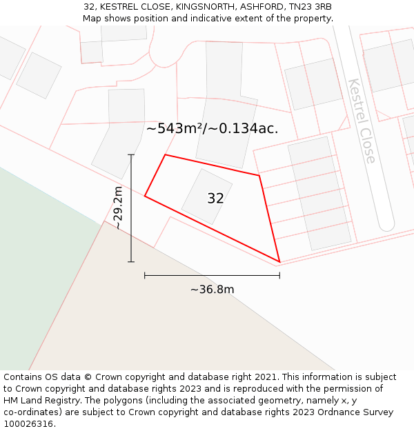 32, KESTREL CLOSE, KINGSNORTH, ASHFORD, TN23 3RB: Plot and title map