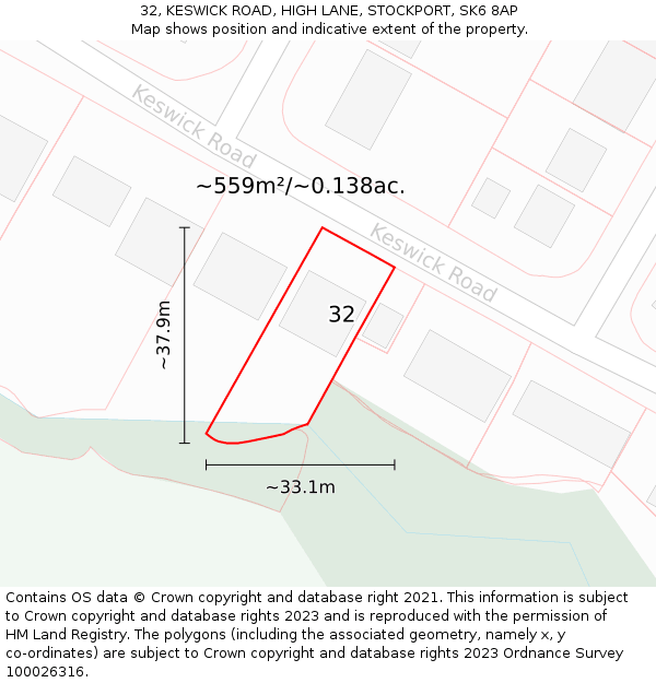 32, KESWICK ROAD, HIGH LANE, STOCKPORT, SK6 8AP: Plot and title map