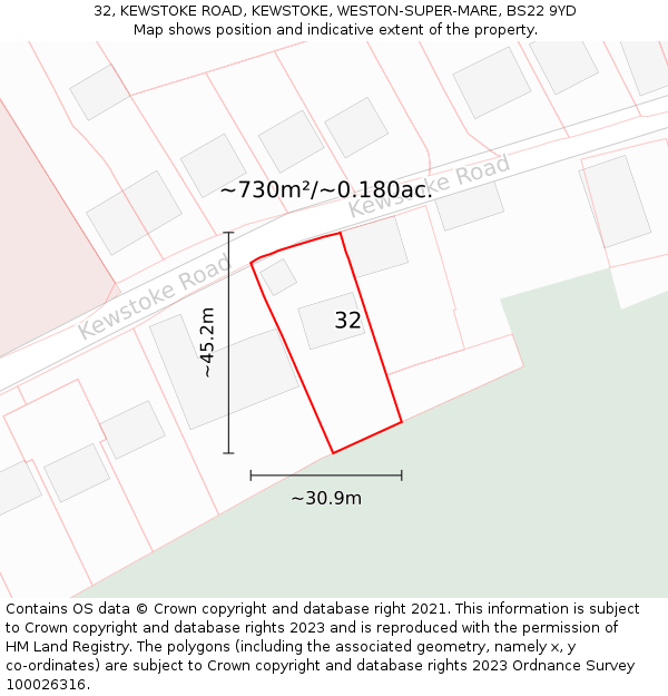 32, KEWSTOKE ROAD, KEWSTOKE, WESTON-SUPER-MARE, BS22 9YD: Plot and title map