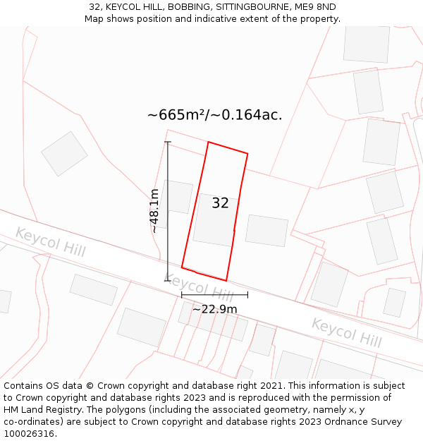 32, KEYCOL HILL, BOBBING, SITTINGBOURNE, ME9 8ND: Plot and title map