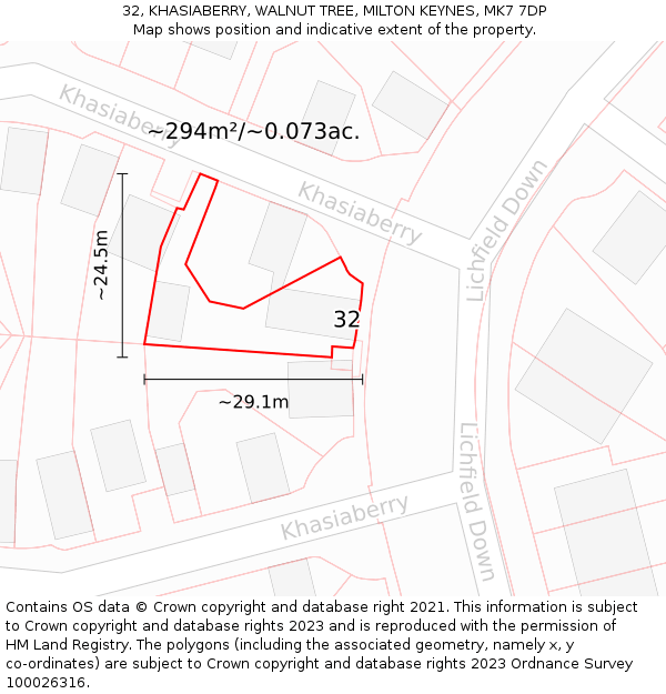 32, KHASIABERRY, WALNUT TREE, MILTON KEYNES, MK7 7DP: Plot and title map