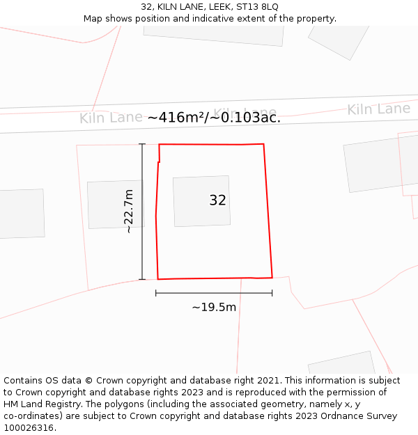 32, KILN LANE, LEEK, ST13 8LQ: Plot and title map