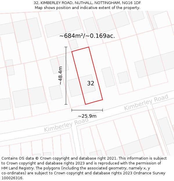 32, KIMBERLEY ROAD, NUTHALL, NOTTINGHAM, NG16 1DF: Plot and title map