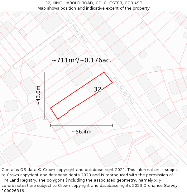 32, KING HAROLD ROAD, COLCHESTER, CO3 4SB: Plot and title map