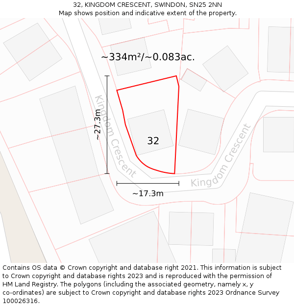 32, KINGDOM CRESCENT, SWINDON, SN25 2NN: Plot and title map