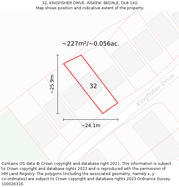 32, KINGFISHER DRIVE, AISKEW, BEDALE, DL8 1XG: Plot and title map